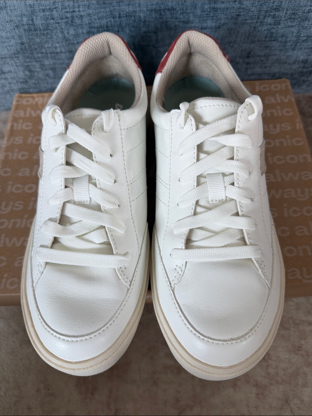 Dr. Scholl's Madison White Sneakers with Beige Chevron and Red Heel Tab - Picture 3 of 7